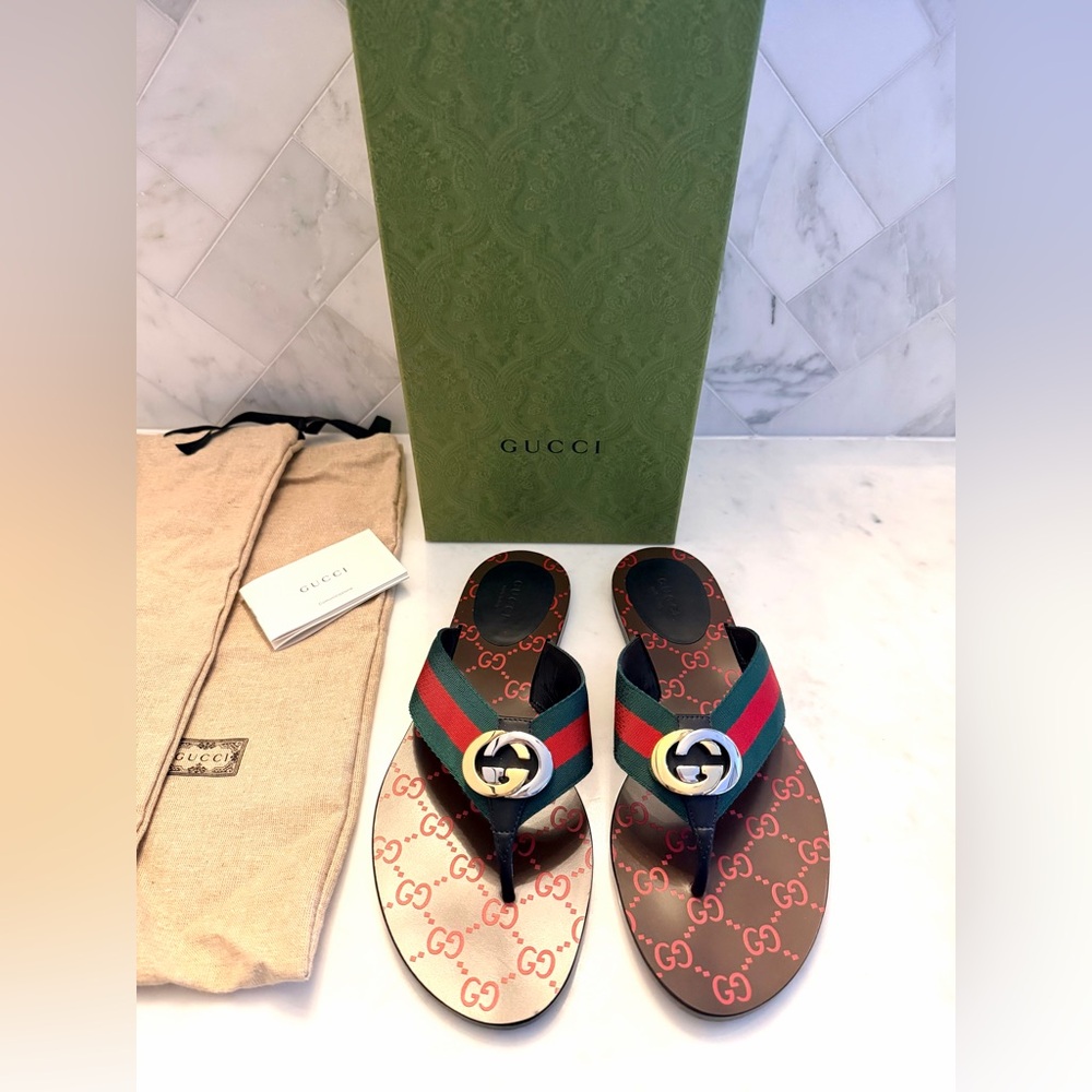 NIB Gucci GG Web-Strip Thong Sandals with Green-Red Strap & Mixes GG Metals